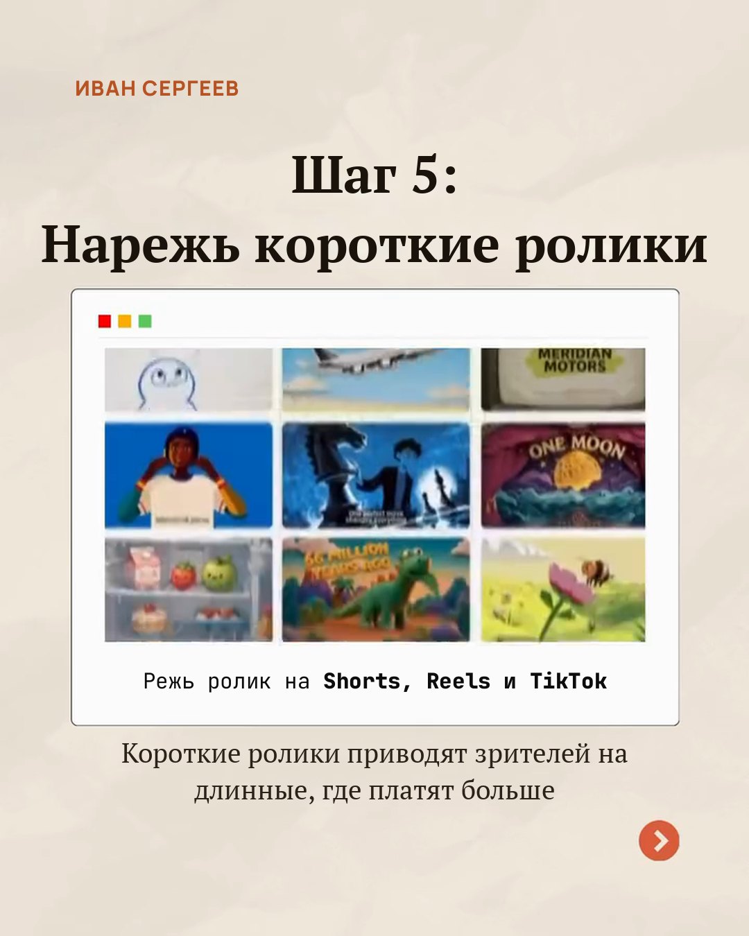Слайд карусели «Шаг 5: нарежь короткие ролики»: сетка коротких роликов и подпись про Shorts, Reels и TikTok