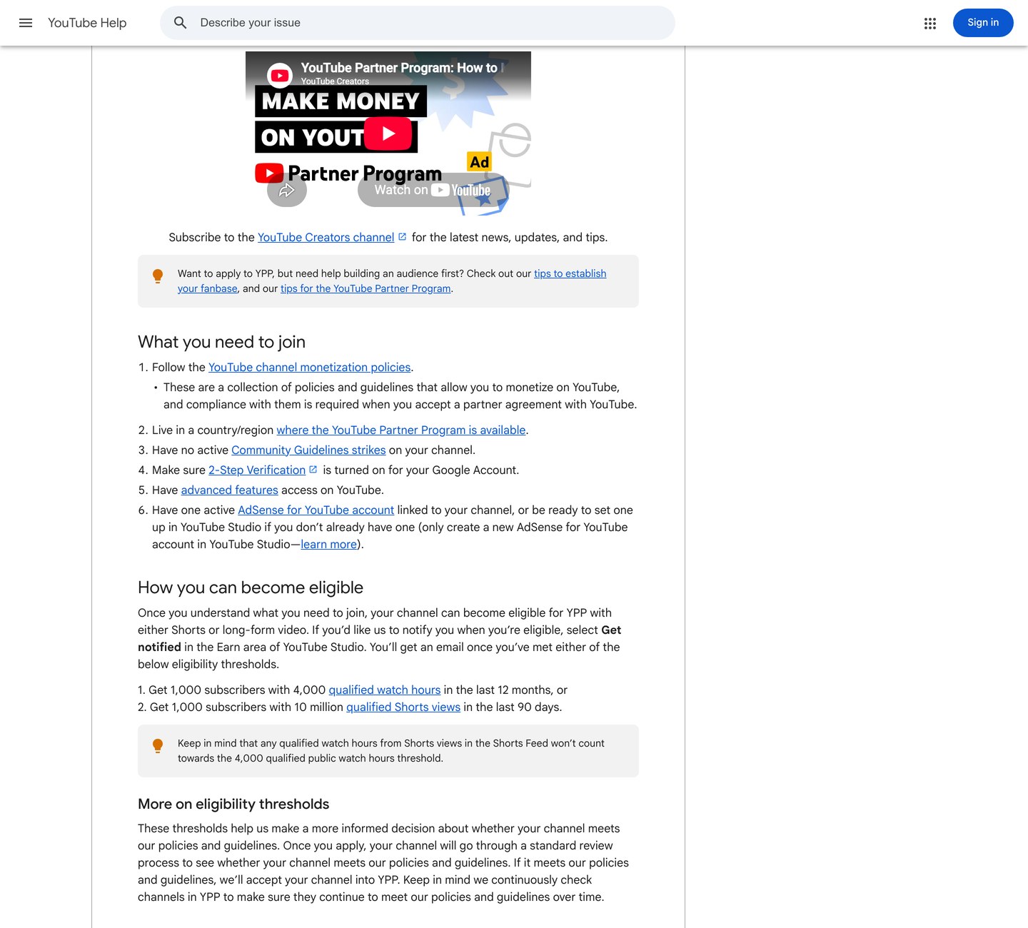 Официальные пороги входа в Партнёрскую программу YouTube - 1000 подписчиков и 4000 часов или 10 миллионов просмотров Shorts