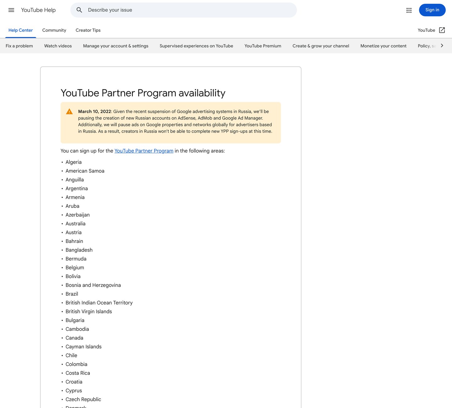 Официальное уведомление YouTube от 10 марта 2022 года о приостановке российских аккаунтов AdSense