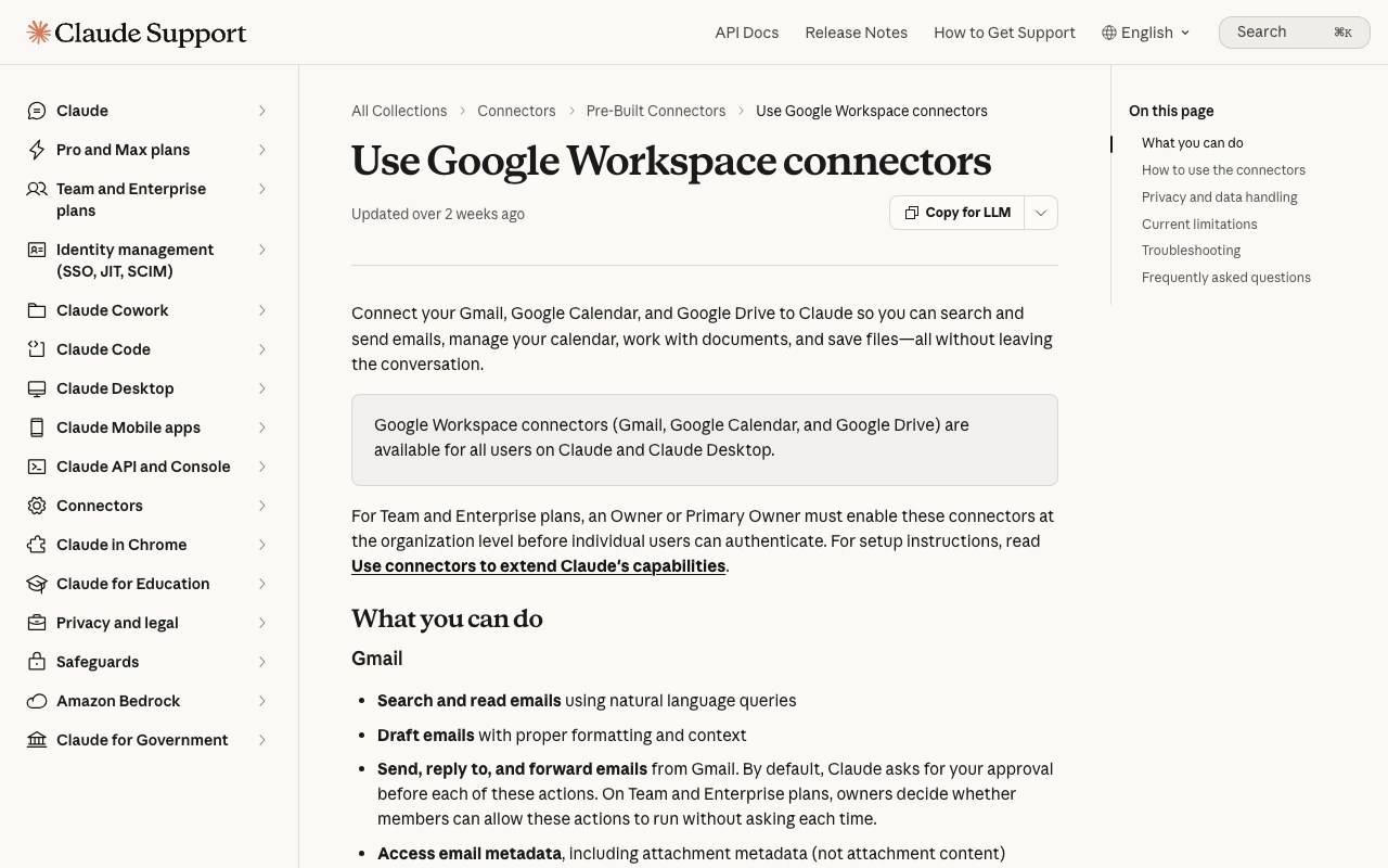 Справка Anthropic про коннектор Google Workspace: добавление файлов Google Drive в чат и проект