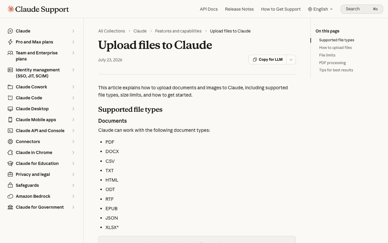 Официальная справка Anthropic про загрузку файлов в Claude: поддерживаемые форматы и лимиты