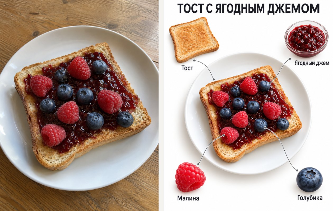 Фото тоста с ягодами на тарелке и плакат из него: тост, джем, малина и голубика с подписями