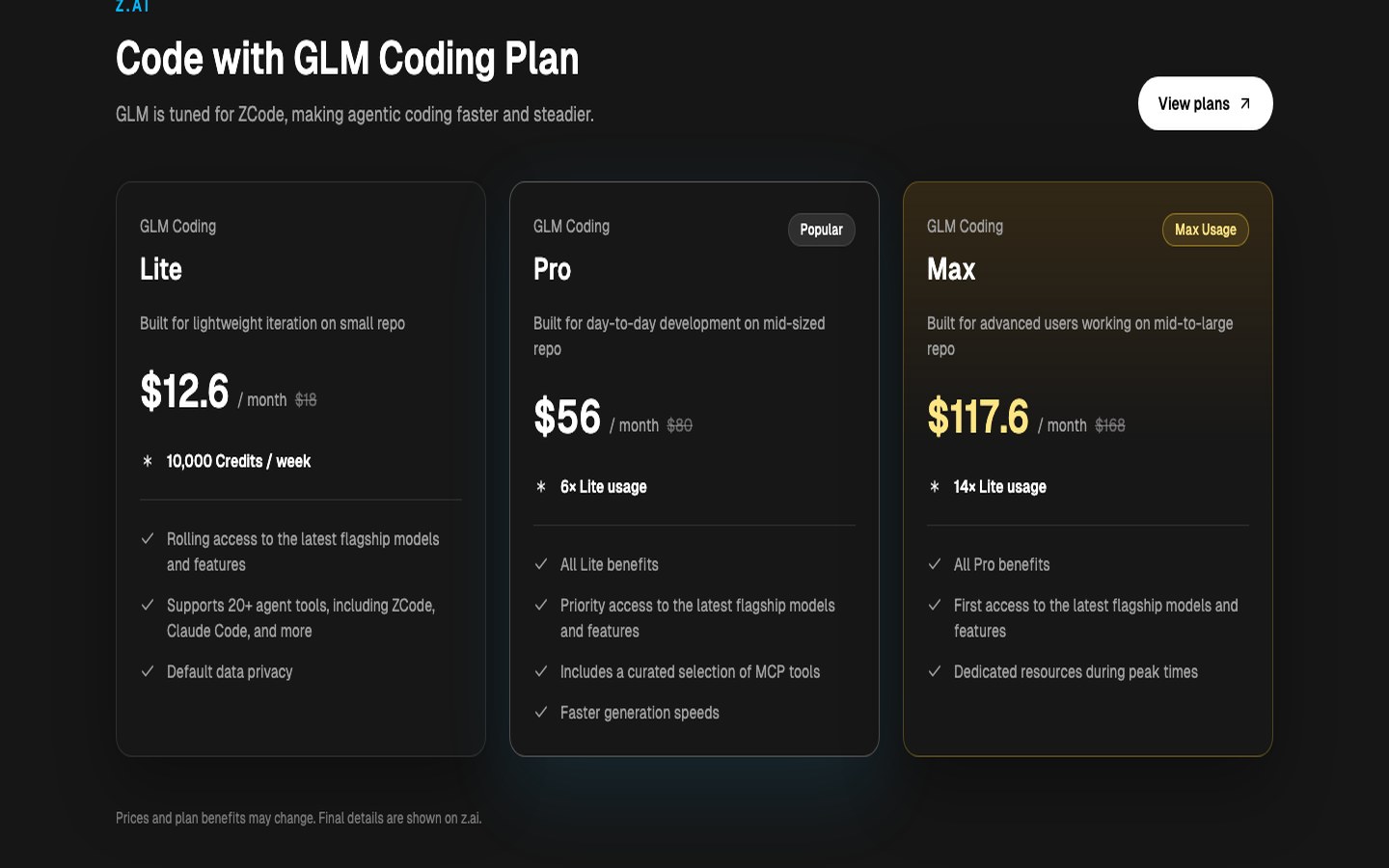 Официальные тарифы GLM Coding Plan: Lite 12,6 доллара, Pro 56 долларов, Max 117,6 доллара в месяц