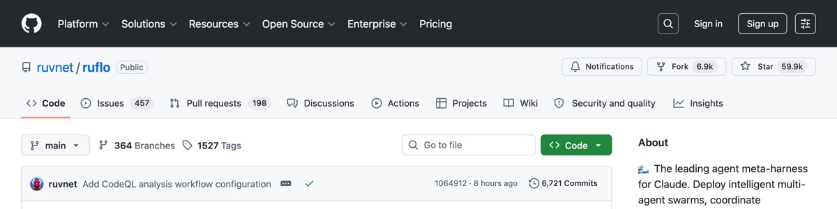 Страница проекта RuFlow на GitHub: имя ruvnet/ruflo, 59.9k звёзд, зелёная кнопка Code